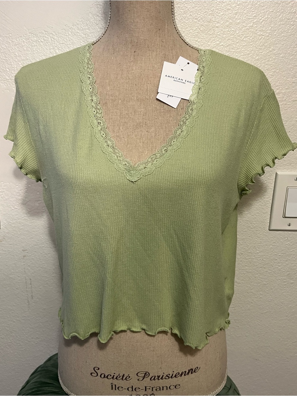 American Eagle Outfitters Sage Green Lace-Trim V-Neck Crop Top